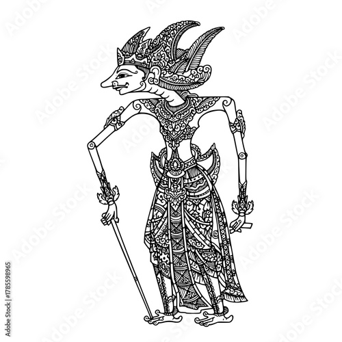 Traditional Javanese Shadow Puppet - Detailed Black and White Line Art Illustration