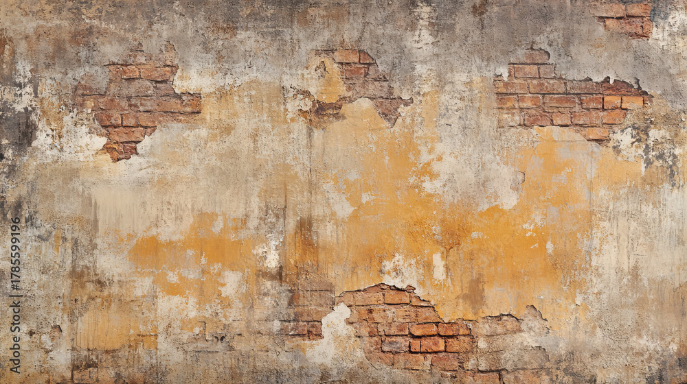 Obraz premium Old Weathered Plaster Wall with Cracked Paint and Exposed Brick Texture