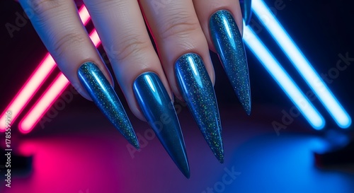 Extreme blue stiletto nails neon background