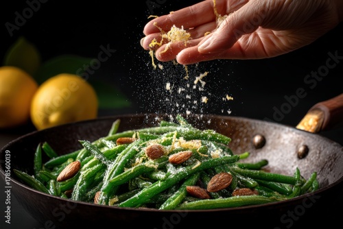 Artfully garnished green beans adorned with almonds and citrus zest creating a gourmet culinary experience that delights the senses captured with clarity