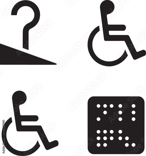 Accessibility symbols for ramps, wheelchairs, and braille on transparent background