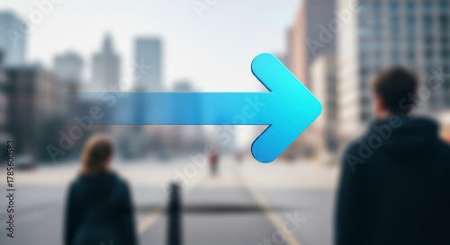 Blue arrow guiding urban dwellers forward in a bustling city landscape, symbolizing progress and