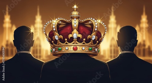 Golden Crowned Leader with Retinue Overseeing a Majestic Royal Metropolis