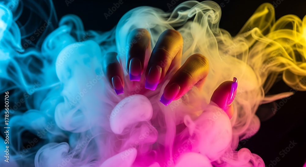 Obraz premium Colorful Manicured Hand Emerging from Neon Smoke