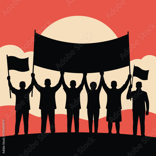 Group of people holding banner for freedom sign silhouette illustration vector
