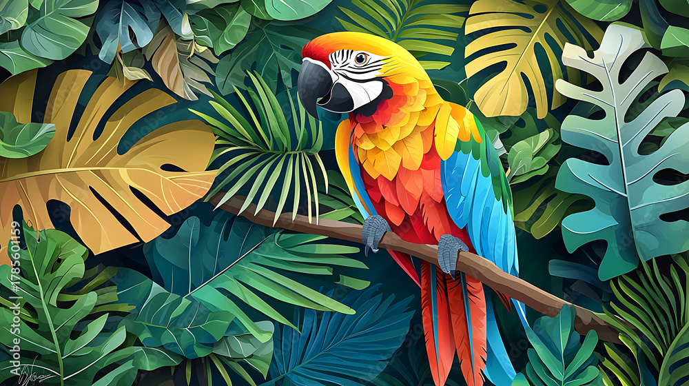 Fototapeta premium Vibrant Macaw Parrot Amidst Lush Tropical Foliage A Colorful Rainforest Scene