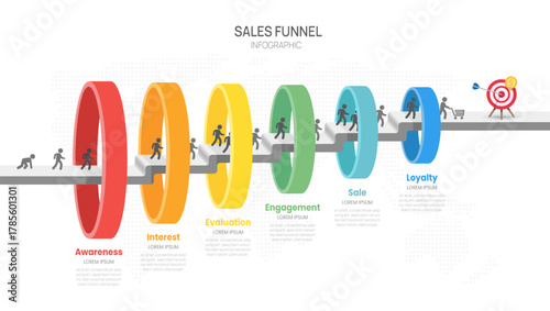 Sales funnel infographic template with 6 steps for marketing and startup business vector.