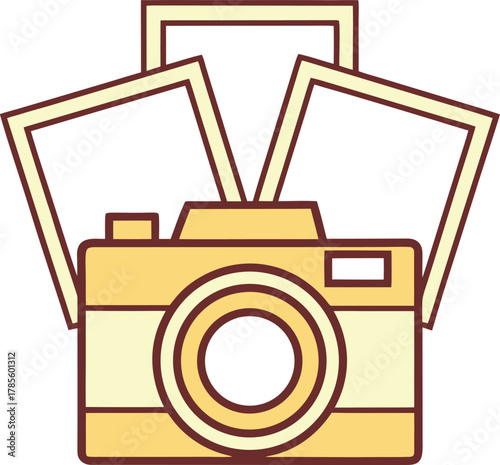 Yellow camera with three framed photos emerging from the top on a white background photography picture