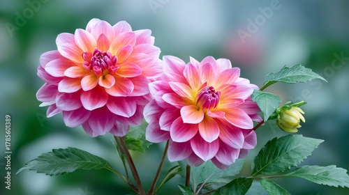 Pink dahlia flowers blooming in garden nature