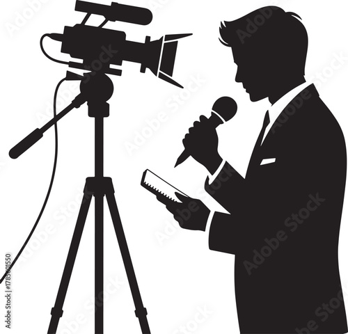 News reporter silhouette broadcasting live news event with microphone camera and tripod equipment