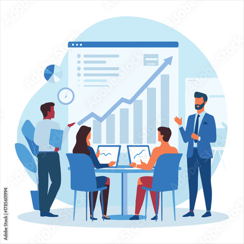 Businesswoman Leading Team Meeting Vector Illustration,Leadership and Teamwork Concept Flat Design,Female Leader Giving Presentation Vector Art,Business Team Discussion and Coaching Illust.