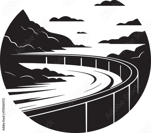 Silhouette of bridge overpass with clouds vector graphic element illustration