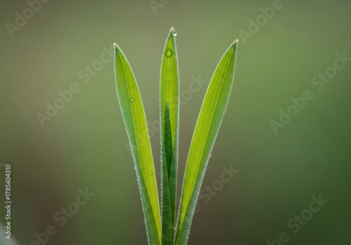 Morning dew glistens on vibrant green grass blades, detailed close-up