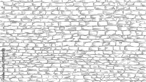 Hand-Drawn Stone Wall Texture Sketch. Detailed Seamless Irregular Rough Masonry Pattern Illustration on White Background.