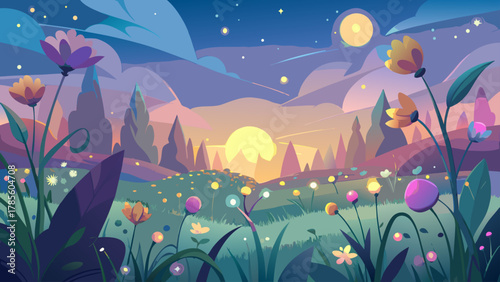 Magical Fantasy Landscape at Dusk: Whimsical Flowers, Dreamy Sky, and Glowing Orbs