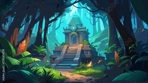 Ancient Temple in Lush Jungle, Mystical Forest Scene with Sunlight Rays, Fantasy Architecture, Adventure and Exploration Concept Art