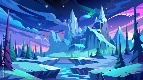 Enchanting Arctic Landscape at Night: Aurora Borealis, Snow-Capped Mountains, and Starry Sky