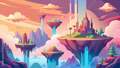 Fantasy Floating Islands with Waterfalls and Castles at Sunset - Surreal Digital Art Landscape