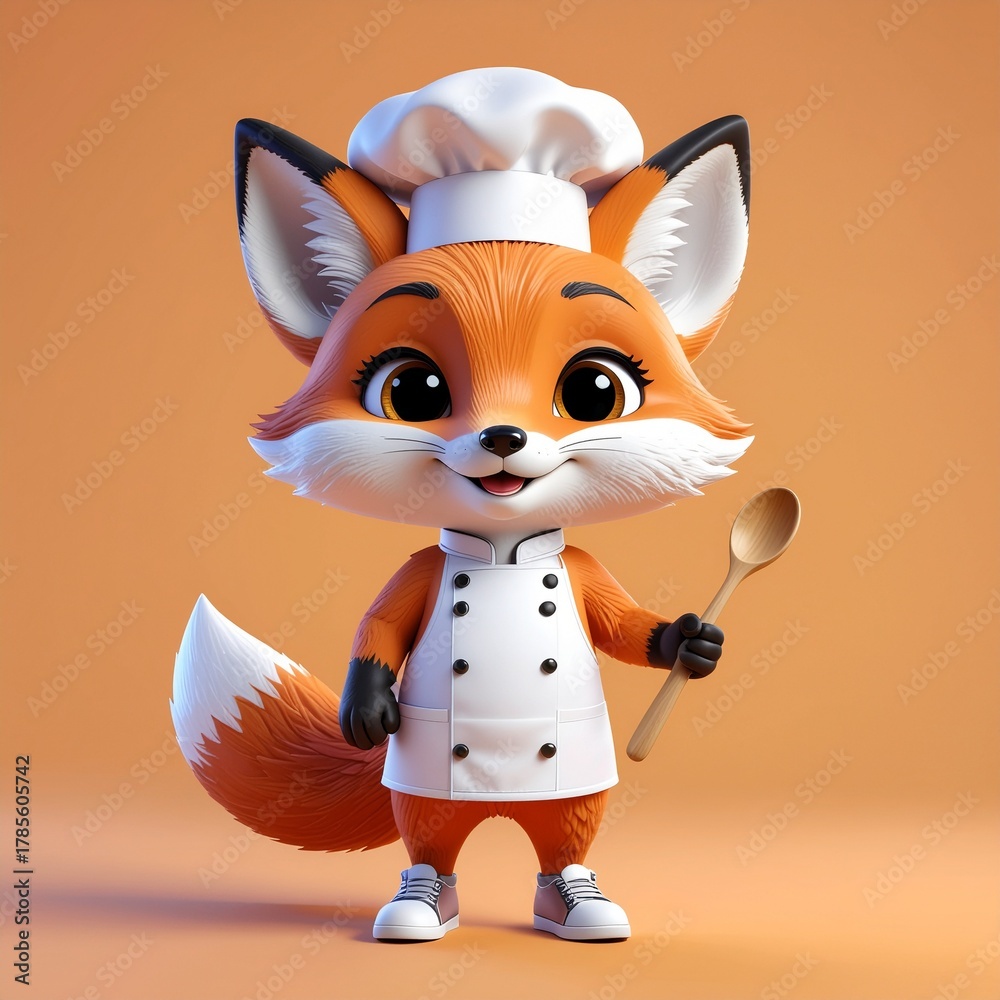 Obraz premium Cute cartoon fox character standing wearing chef hat and apron holding wooden spoon, cooking mascot illustration