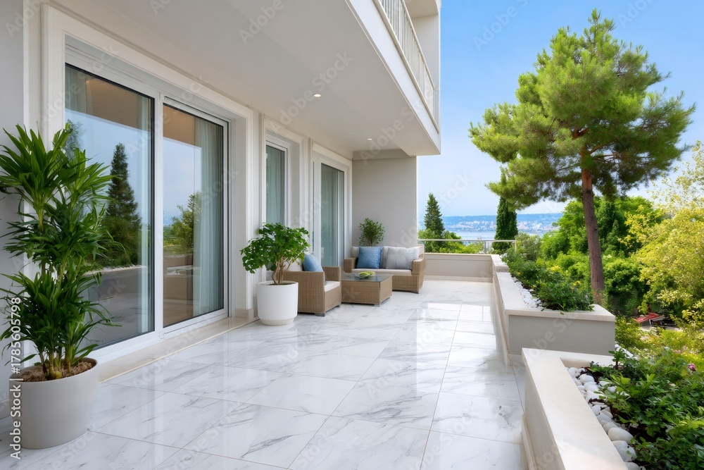 Naklejka premium Modern luxury terrace with sea view and outdoor furniture