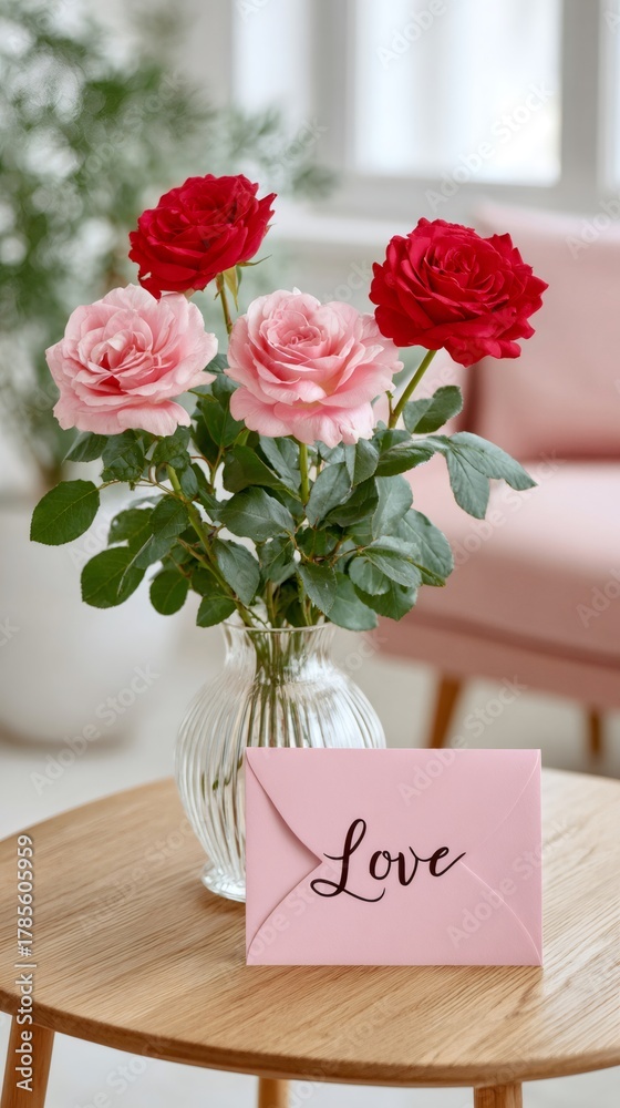 Naklejka premium Pink and red roses bouquet with love letter
