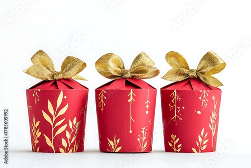 Christmas gift box wrapped in red paper with a gold bow, isolated on white --