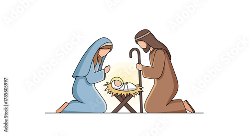 A simple illustration of the Nativity scene with Mary and Joseph kneeling before baby Jesus in a manger, symbolizing the birth of Christ.