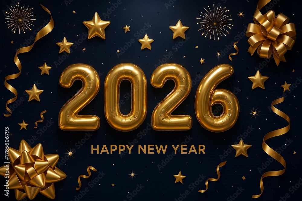 Fototapeta premium Happy New Year 2026 Celebration with Golden Numbers and Confetti