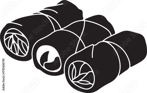 black silhouette of spring rolls on white background, vector