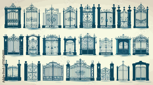 Ornate Vintage Metal Gates Collection. Decorative Wrought Iron Entrance Designs with Pillars and Intricate Scrollwork and Finials.