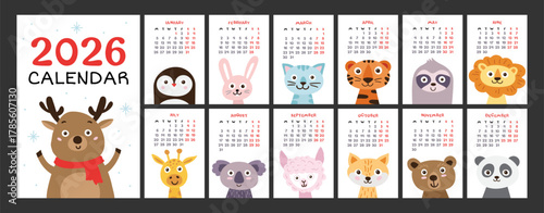 2026 calendar with cute animals. Yearly planner calendar with all months and week start on Monday