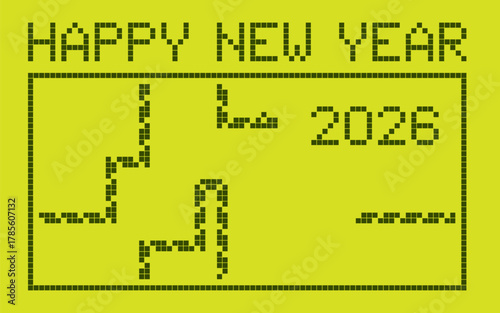 2026 Happy new year retro poster. Pixel snake game on green screen