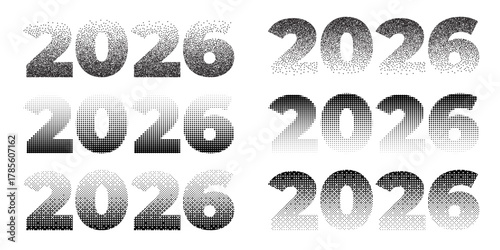 2026 dotted number collection for Happy New Year greeting card, calendar, banner, poster. Black halftone gradient vector design