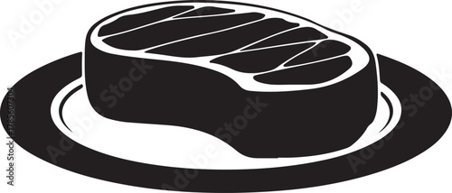black silhouette of steak on plate on white background, vector