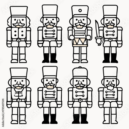 Black Line Nutcrackers. Christmas Nutcracker Figures outline icon set: wooden nutcracker, soldier hat, drum, sword, red coat, gold buttons, mustache, boots.