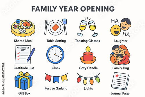 Festive Family Icon Set. Family Year Opening modern flat icon set: shared meal, table setting, toasting glasses, laughter, gratitude list, clock, cozy candle, family hug, gift box,