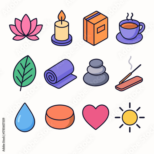 Mindful Living Icons. Mindful Living modern flat icon set: lotus flower, candle, journal, tea cup, yoga mat, plant leaf, pebble stack, incense, water droplet, meditation cushion,