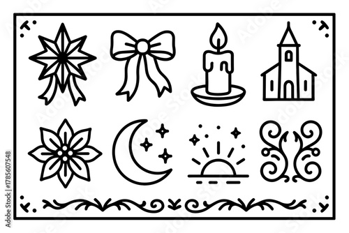 Festive Holiday Icons. Holiday Light Tradition outline icon set: shining star lantern, ribbons, candlelight, church tower, poinsettia, moon, sky glow, festive border.