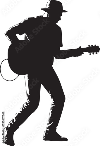  black silhouette of street performer with guitar on white background, vector