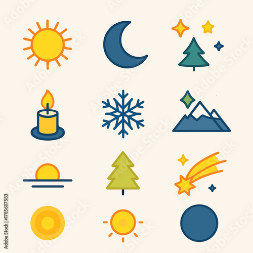 Winter Solstice Icons. Winter Solstice Celestial Alignment modern flat icon set: sun, moon, stars, constellation, candle flame, snowflake, pine tree, mountain, horizon line,