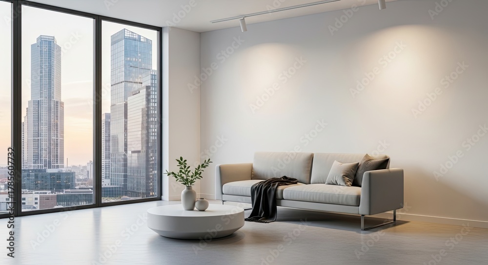 Fototapeta premium A modern, minimalist living room with a large window overlooking a city skyline.