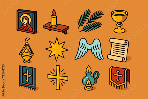 Festive Orthodox Icon Set. Orthodox Christmas Icon Arrangement modern flat icon set: framed holy icon, candle-lit shelf, pine boughs, golden chalice, incense censer, star ornament,