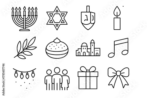 Hanukkah Celebration Icons. Hanukkah Israel Public Celebrations outline icon set: menorah, Star of David, dreidel, candle flame, olive branch, sufganiyah, city skyline, music notes