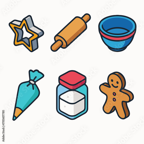 Modern Baking Icons. Baking Traditions modern flat icon set: cookie cutter, rolling pin, mixing bowl, icing bag, sugar jar, gingerbread man.