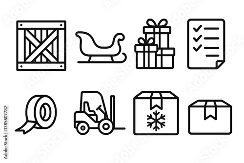 Festive Holiday Shipping. Holiday Shipment outline icon set: cargo crate, sleigh, gift pile, checklist, tape roll, forklift, snowflake label, parcel.