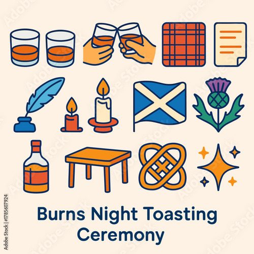 Burns Night Icons. Burns Night Toasting Ceremony modern flat icon set: whisky tumblers, raised glasses, tartan tablecloth, poetry lines, quill pen, candle flame, Scottish emblem,