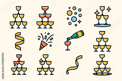 Champagne Celebration Icons. Champagne Towers modern flat icon set: stacked crystal flutes, champagne overflow, glittering bubbles, festive glow, golden ribbon, confetti spray,