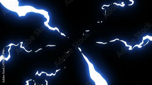 white lightning bolts exploding out. Dynamic blue light streaks radiating from center energy burst effect