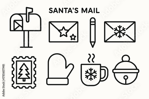 Santa's Holiday Icons. Santa’s Mail outline icon set: mailbox, letter with stars, pencil, snowflake envelope, stamp, mitten, hot cocoa, sleigh bell.