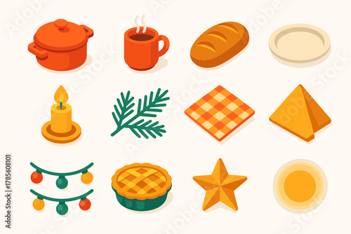 Cozy Meal Icons. Home Comfort Meal modern flat icon set: casserole, mug, bread, plate, candle flame, pine branch, tablecloth, napkin, garland, pie dish, star, warm light.
